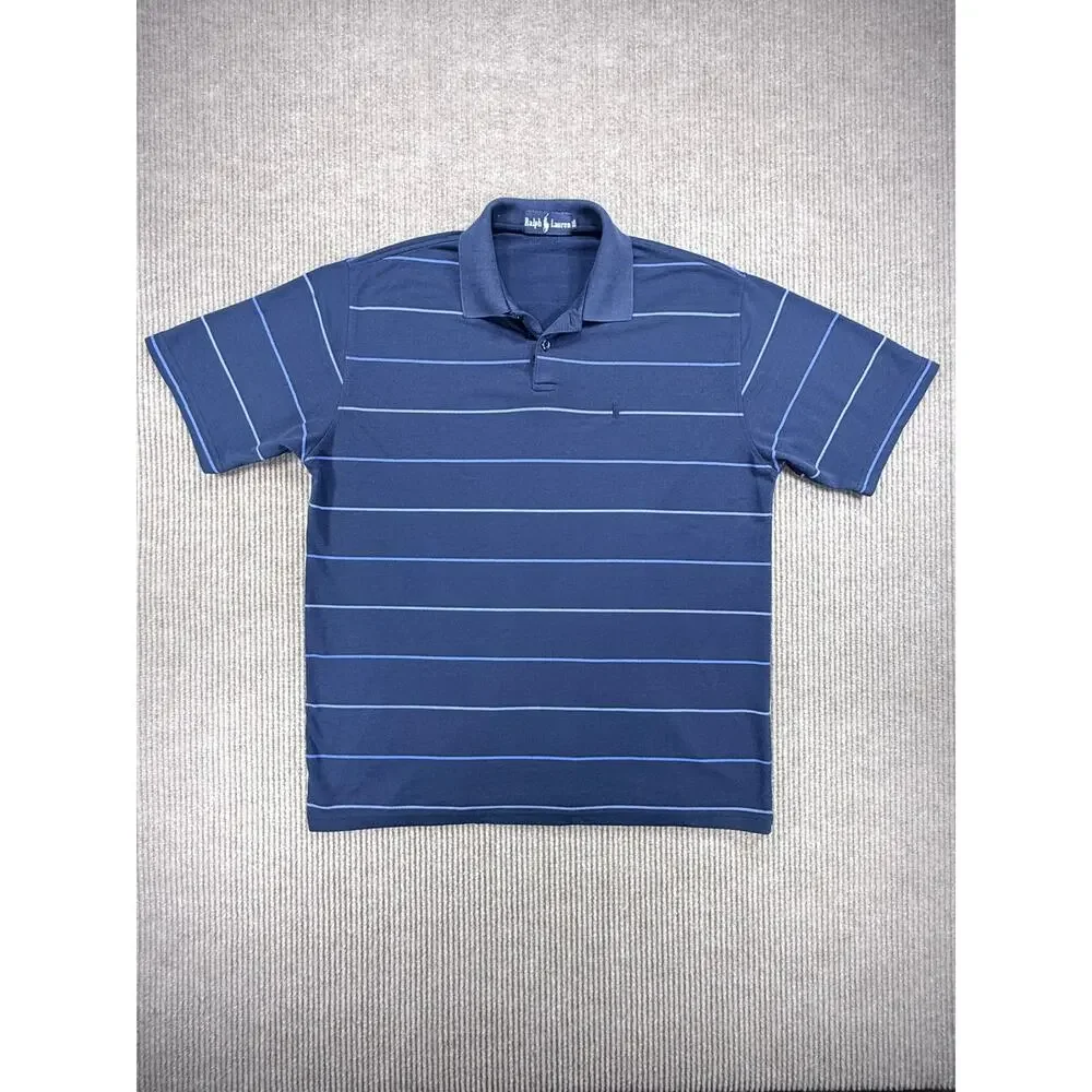 Ralph Lauren Men XXL Striped Polo Shirt Navy Blue Cotton Blend Short Sleeve